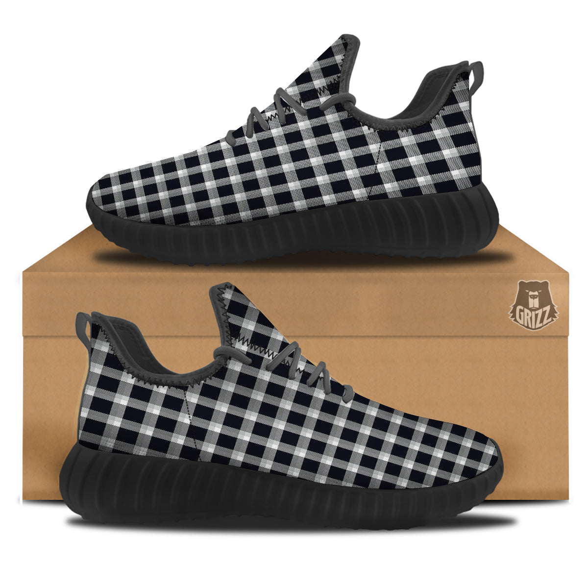 Grey Dark And White Gingham Print Black Walking Shoes-grizzshop