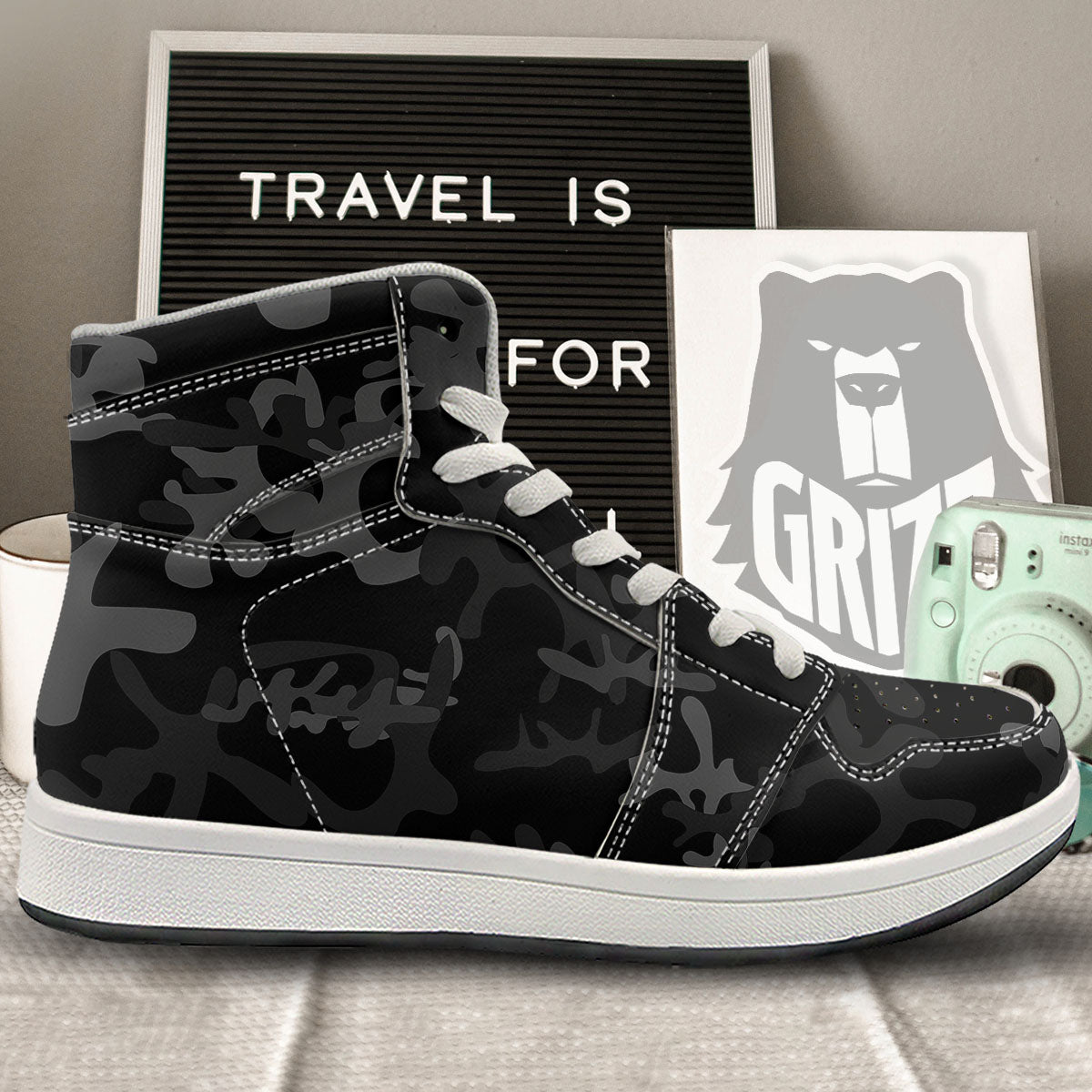 Grey Digital Camo Black Print Pattern High Top Sneakers-grizzshop