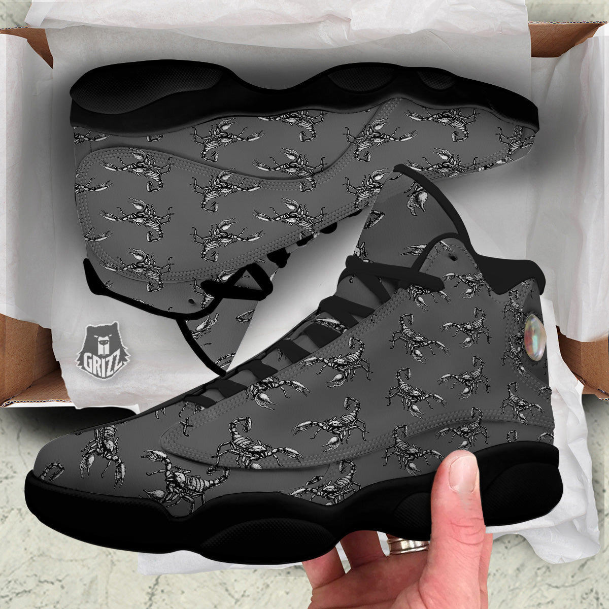 Grey Hand Drawn Scorpion Print Pattern Black Basketball Shoes-grizzshop