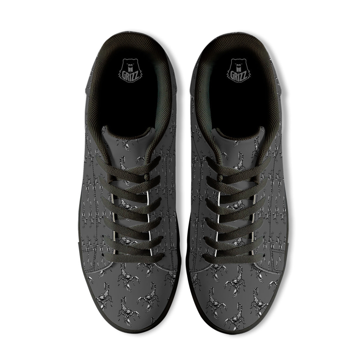 Grey Hand Drawn Scorpion Print Pattern Black Low Top Sneakers-grizzshop