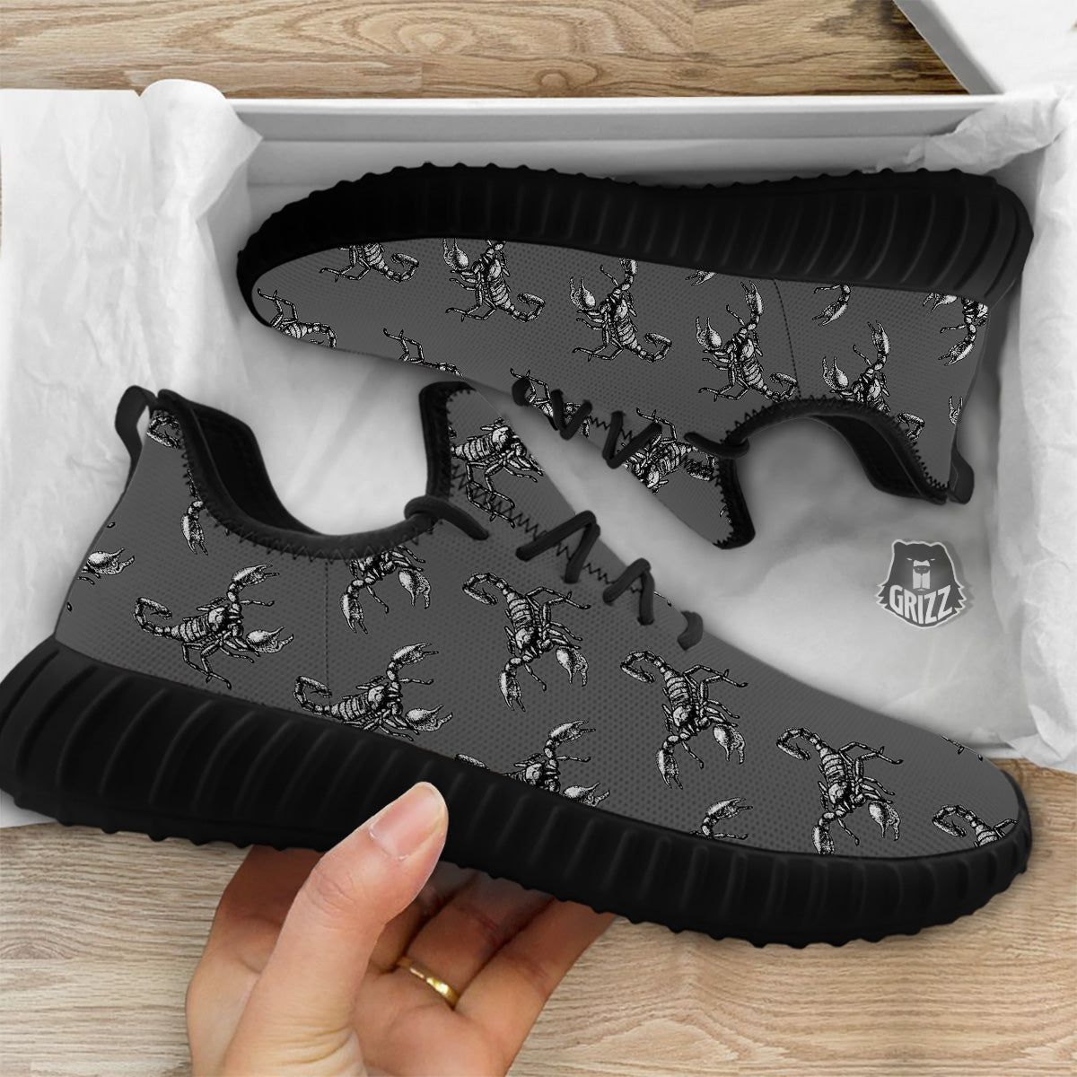 Grey Hand Drawn Scorpion Print Pattern Black Walking Shoes-grizzshop