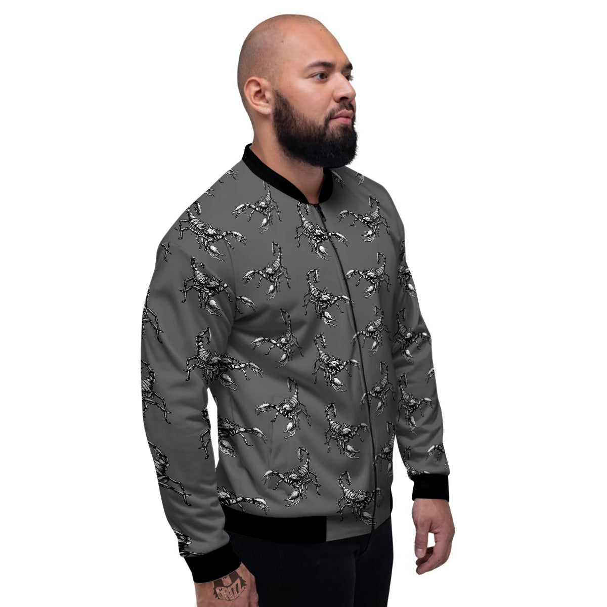 Grey Hand Drawn Scorpion Print Pattern Men's Bomber Jacket-grizzshop
