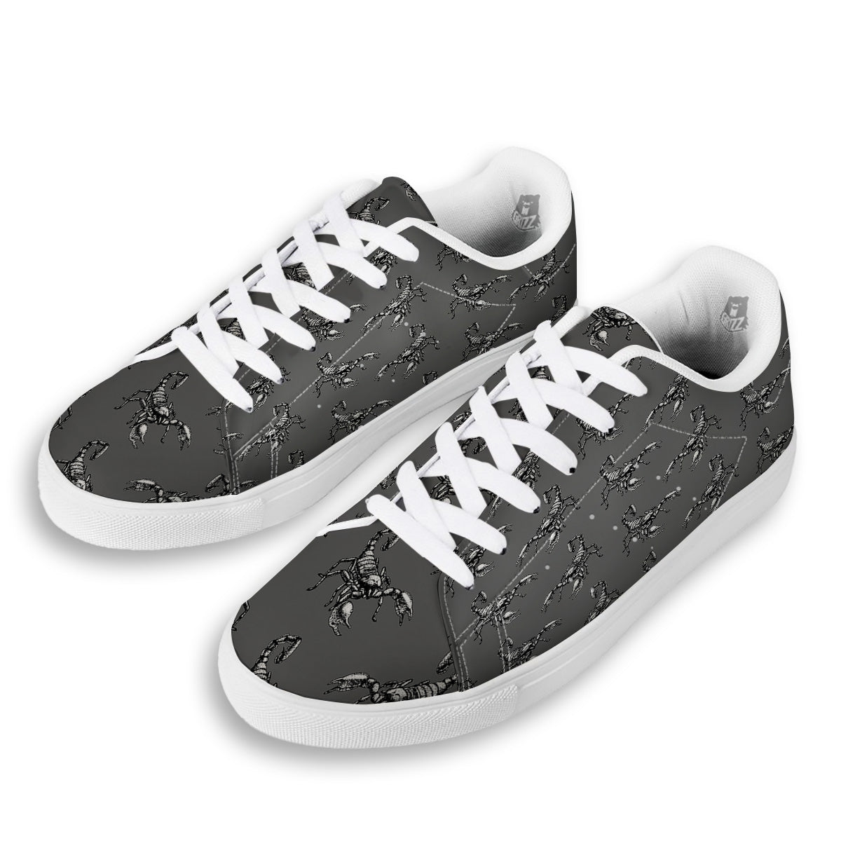 Grey Hand Drawn Scorpion Print Pattern White Low Top Sneakers-grizzshop