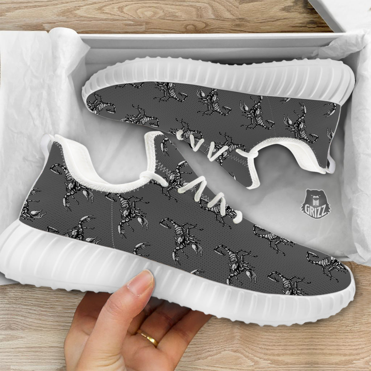 Grey Hand Drawn Scorpion Print Pattern White Walking Shoes-grizzshop
