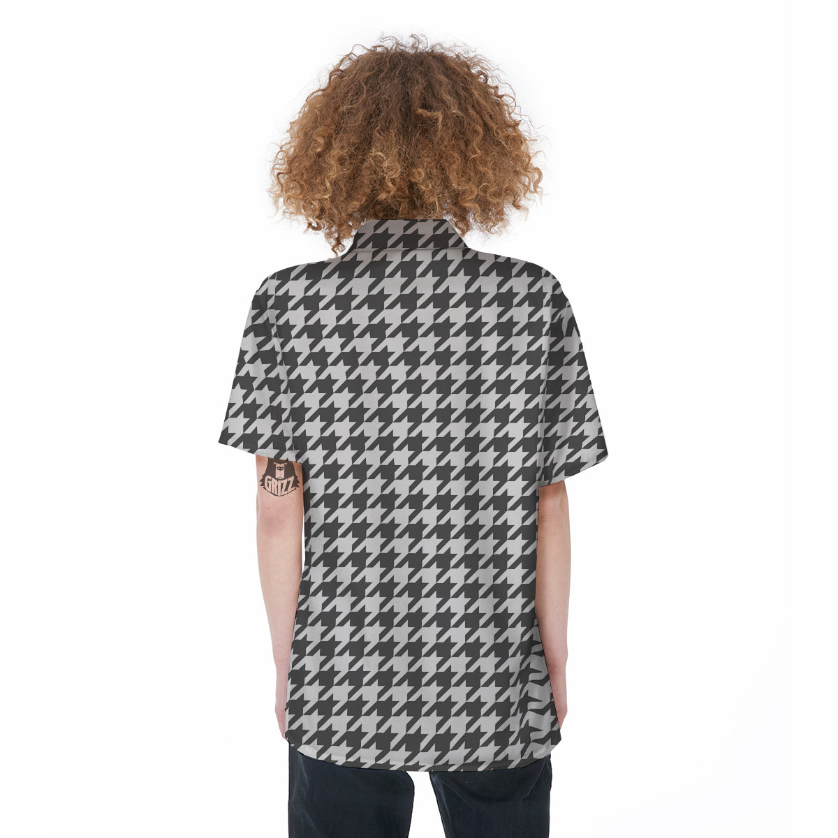 Grey Houndstooth Print Women's Short Sleeve Shirts-grizzshop