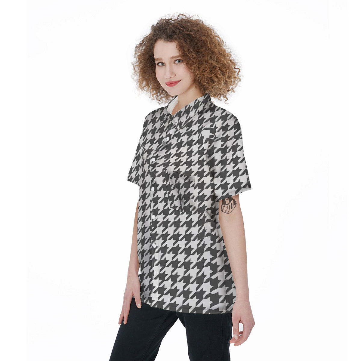 Grey Houndstooth Print Women's Short Sleeve Shirts-grizzshop