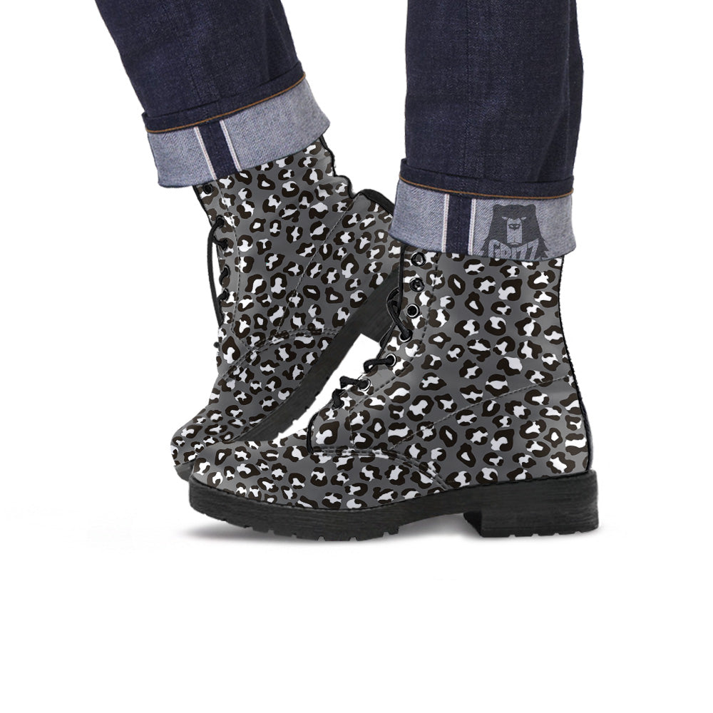 Grey Leopard Print Pattern Leather Boots-grizzshop
