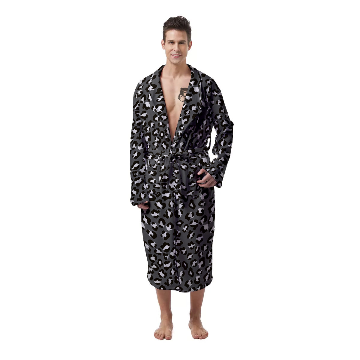 Grey Leopard Print Pattern Men's Robe-grizzshop
