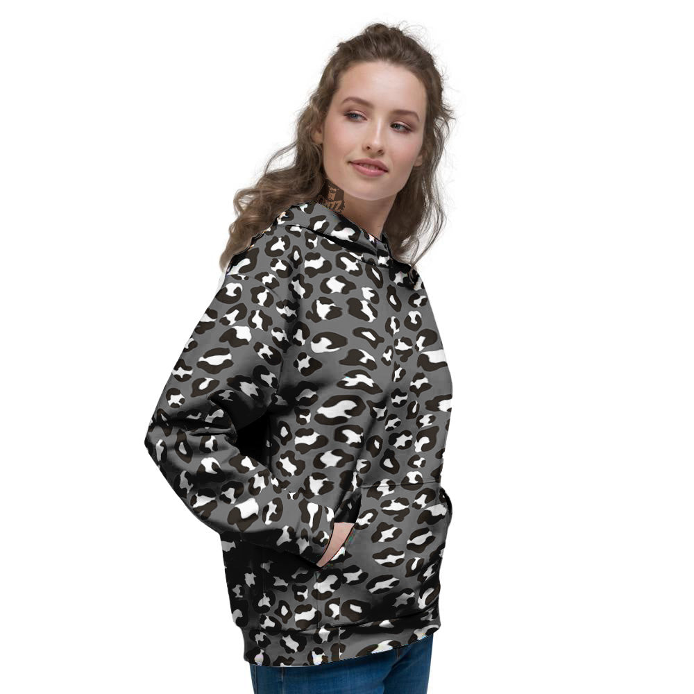 Grey Leopard Print Pattern Women's Hoodie-grizzshop