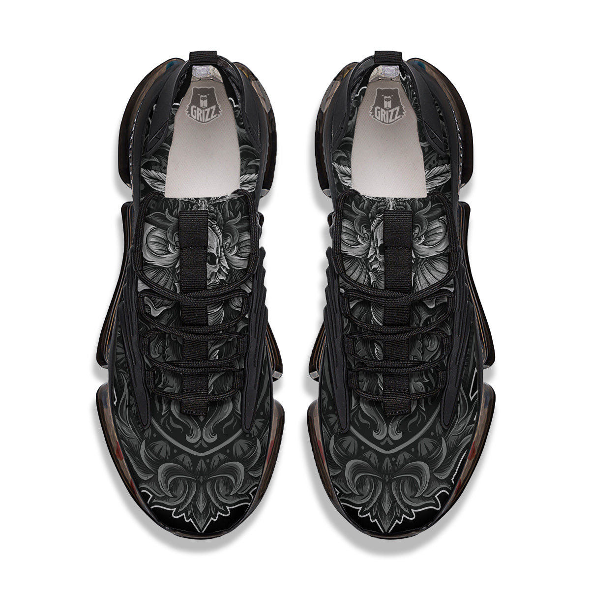 Grey Moth Skull Print Black Gym Shoes-grizzshop