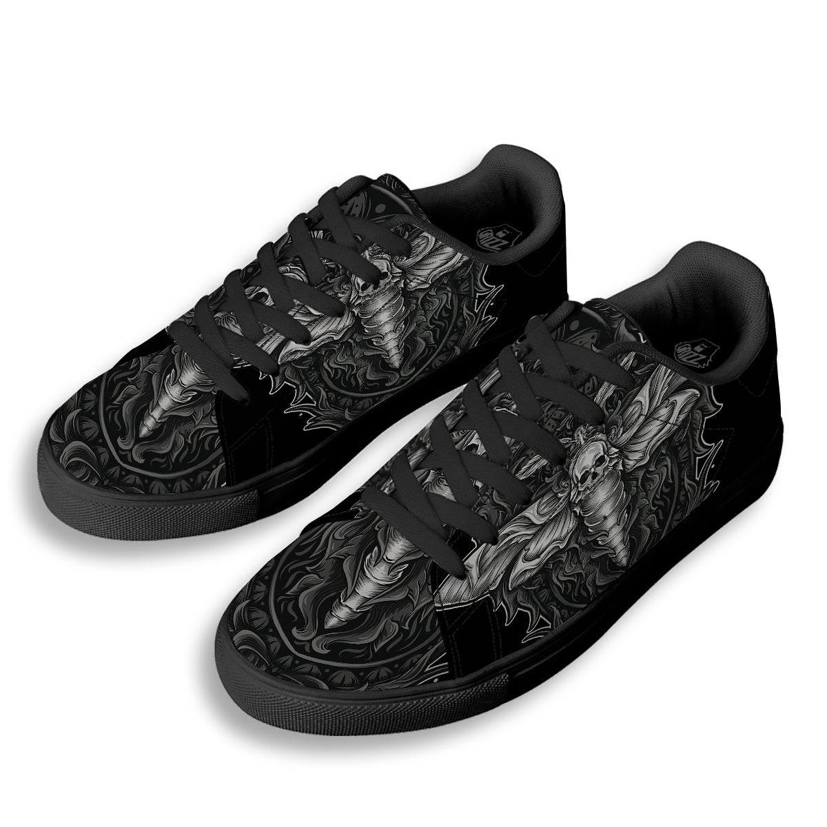 Grey Moth Skull Print Black Low Top Sneakers-grizzshop