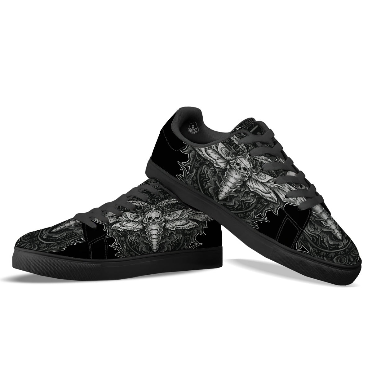 Grey Moth Skull Print Black Low Top Sneakers-grizzshop