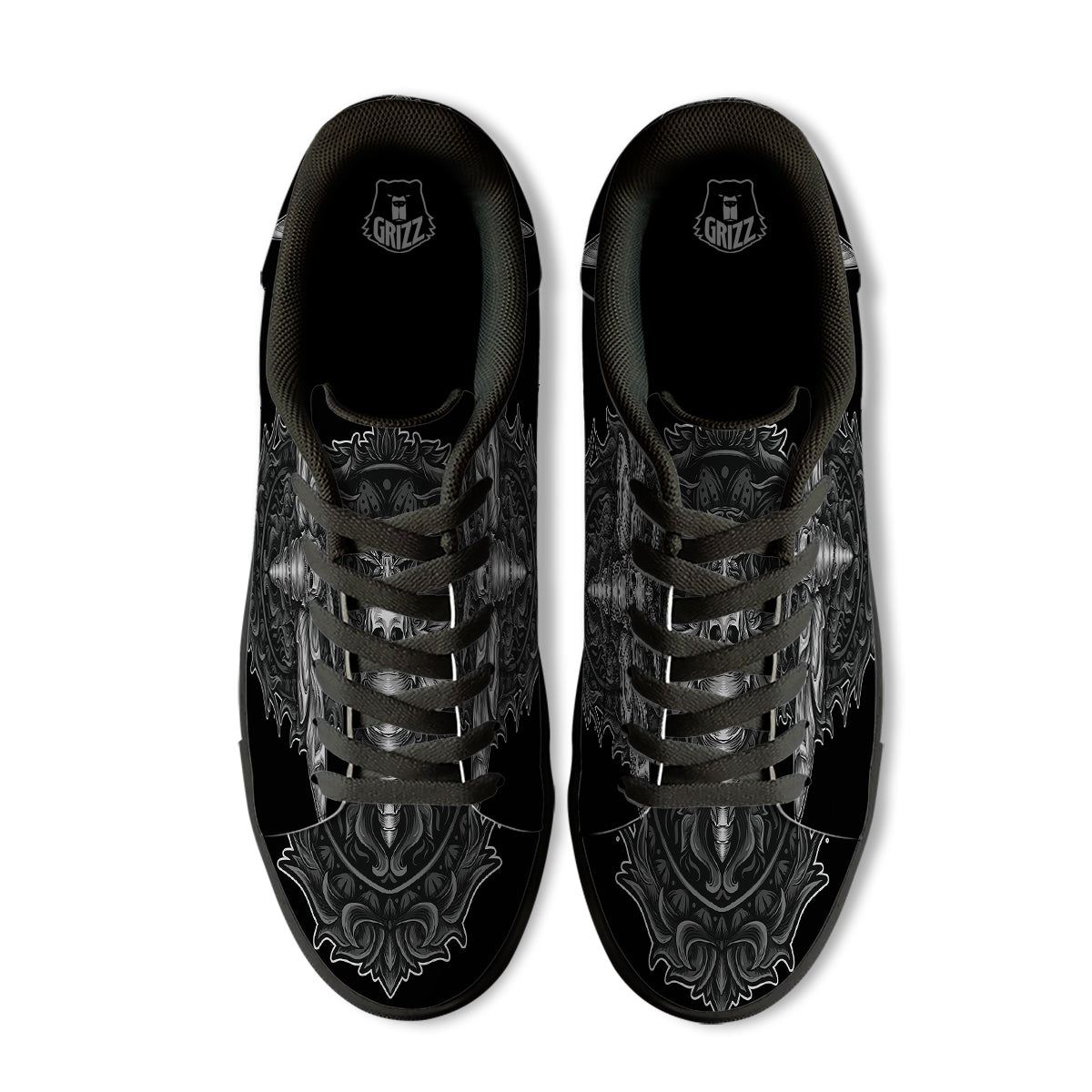 Grey Moth Skull Print Black Low Top Sneakers-grizzshop