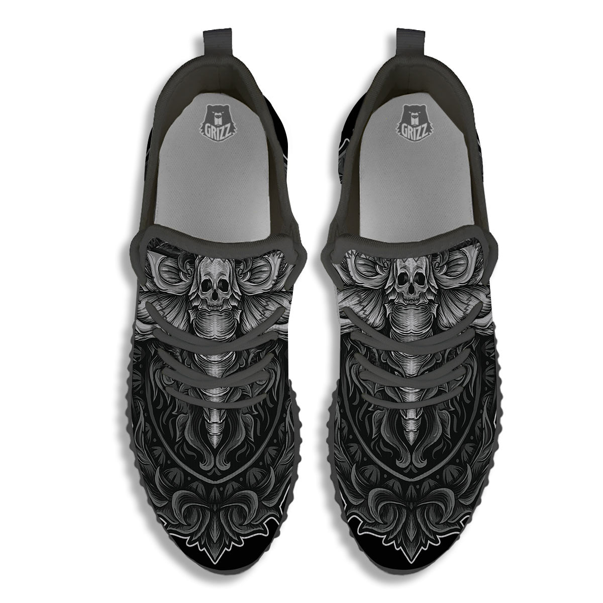 Grey Moth Skull Print Black Walking Shoes-grizzshop