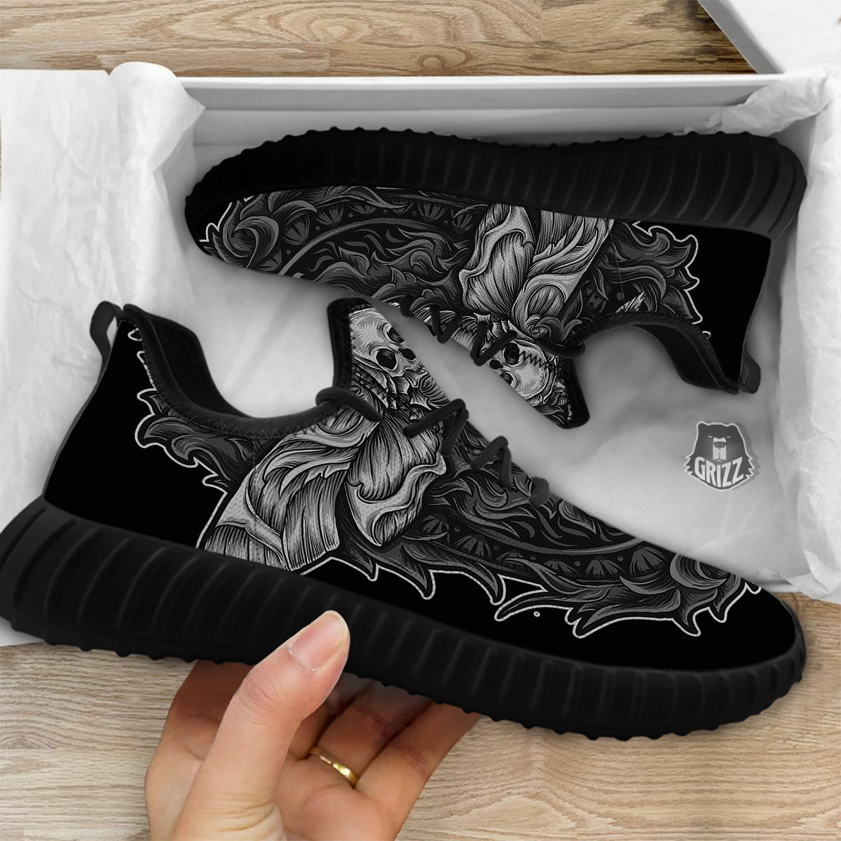 Grey Moth Skull Print Black Walking Shoes-grizzshop