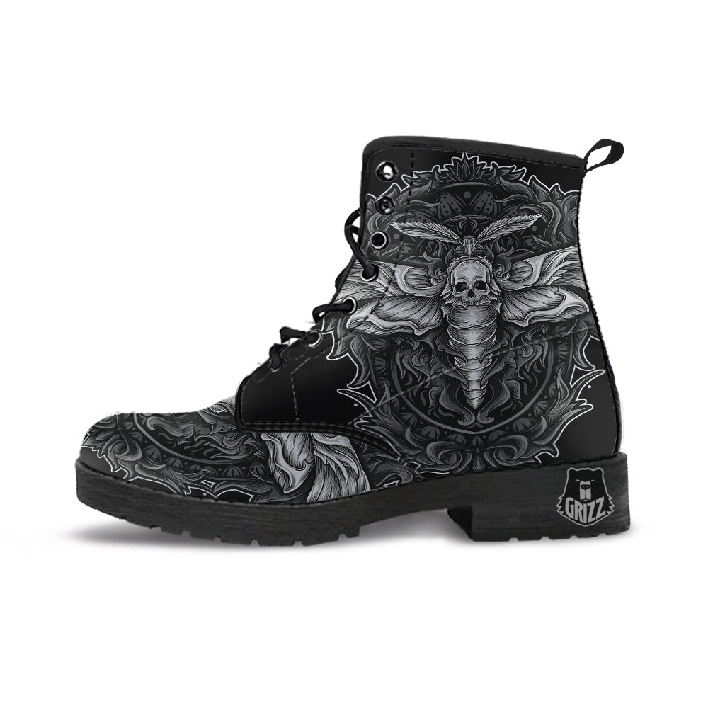 Grey Moth Skull Print Leather Boots-grizzshop
