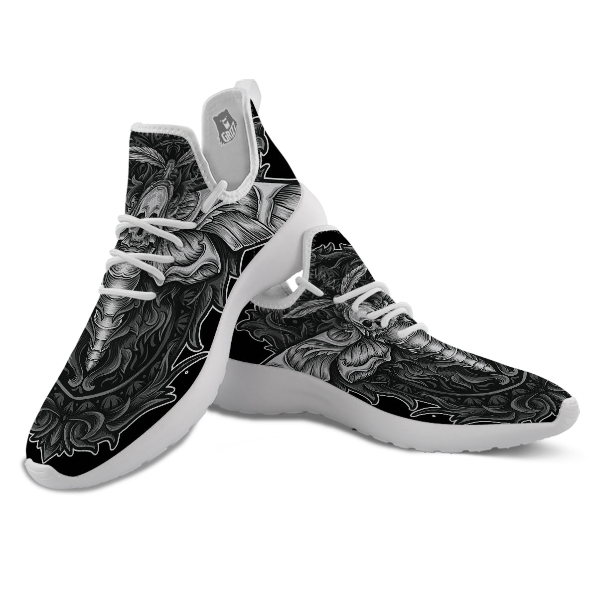 Grey Moth Skull Print White Athletic Shoes-grizzshop