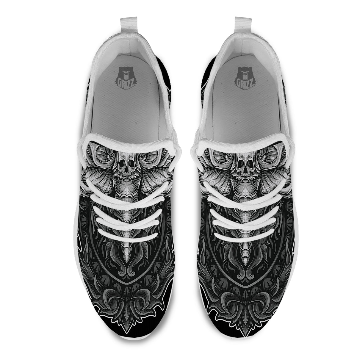 Grey Moth Skull Print White Athletic Shoes-grizzshop