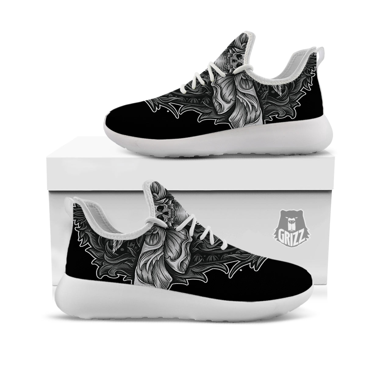 Grey Moth Skull Print White Athletic Shoes-grizzshop