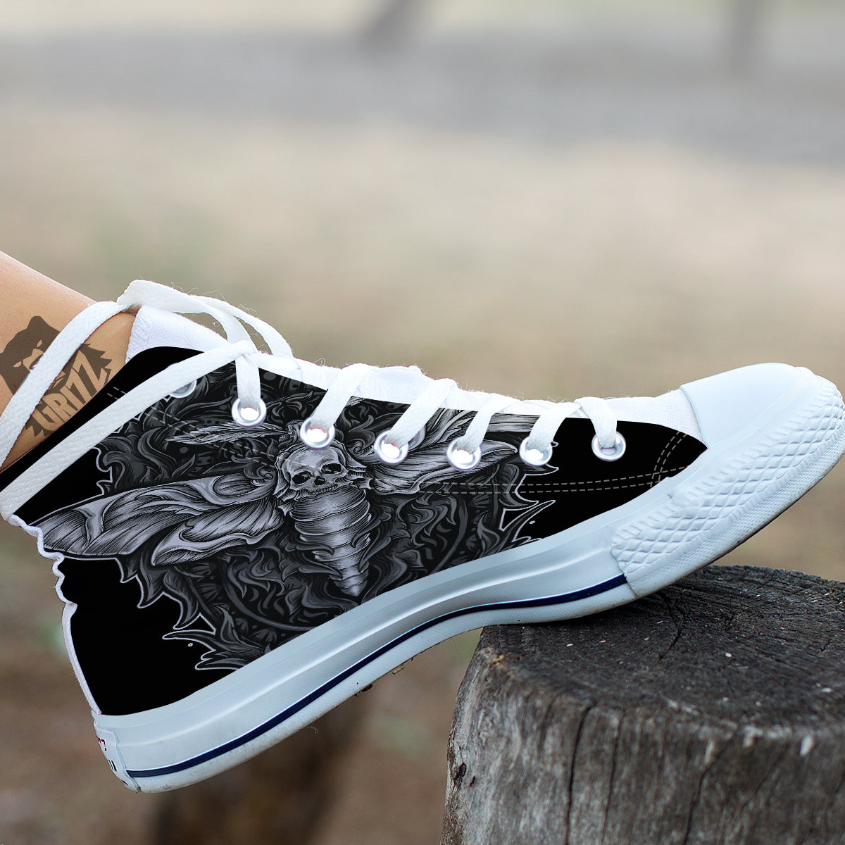 Grey Moth Skull Print White High Top Shoes-grizzshop