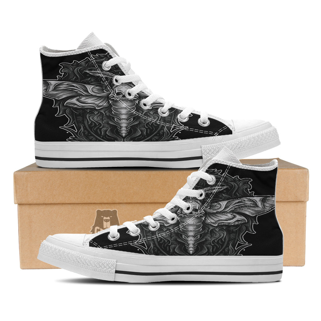 Grey Moth Skull Print White High Top Shoes-grizzshop