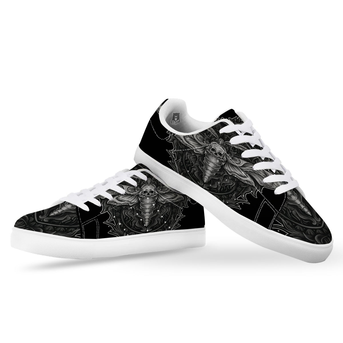 Grey Moth Skull Print White Low Top Sneakers-grizzshop