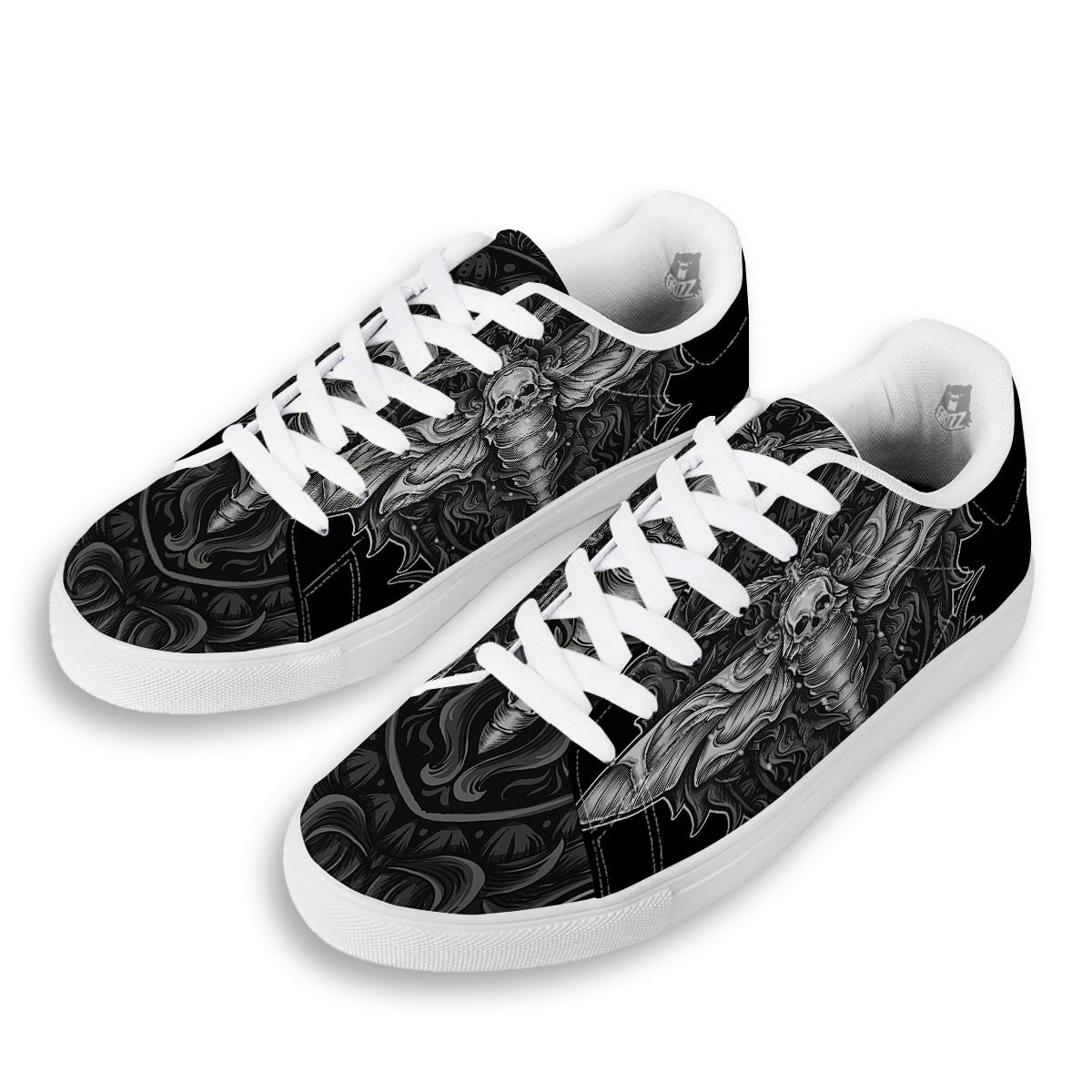 Grey Moth Skull Print White Low Top Sneakers-grizzshop