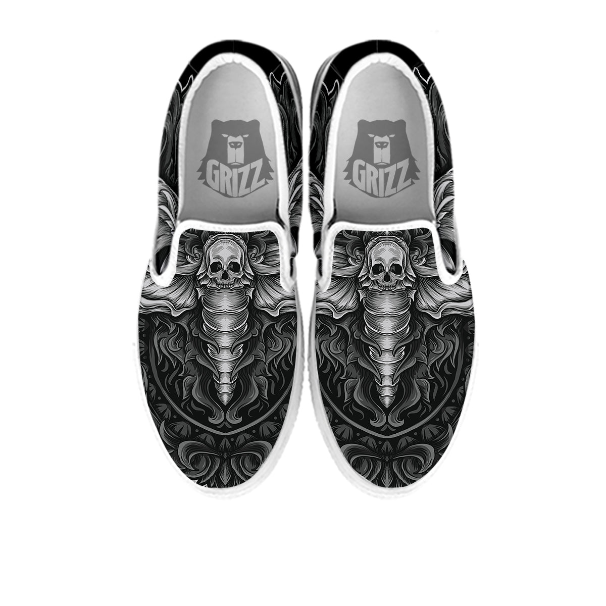 Grey Moth Skull Print White Slip On Shoes-grizzshop
