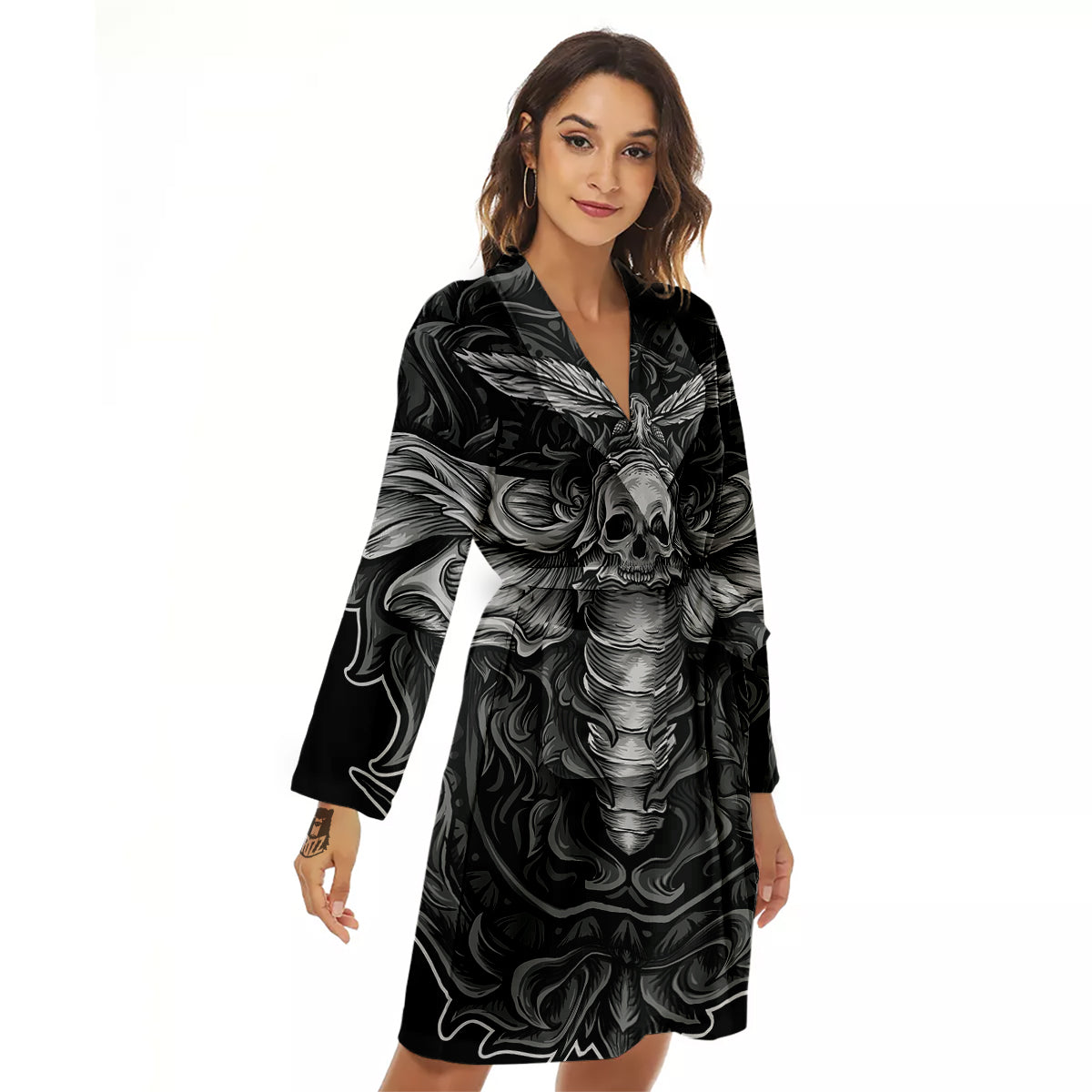 Grey Moth Skull Print Women's Robe-grizzshop