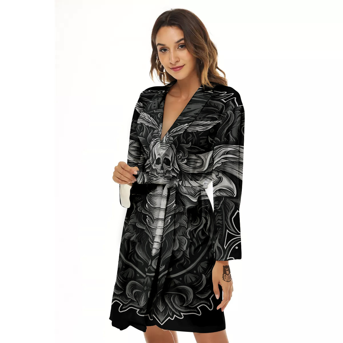 Grey Moth Skull Print Women's Robe-grizzshop