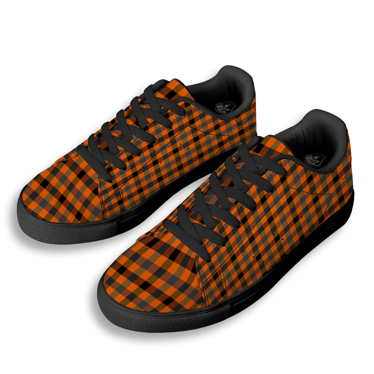Grey Orange And White Tartan Print Pattern Black Low Top Sneakers-grizzshop