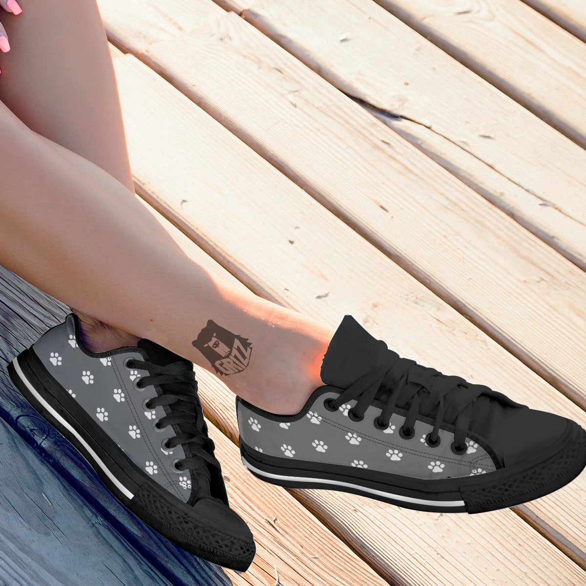Grey Paw Print Black Low Top Shoes-grizzshop