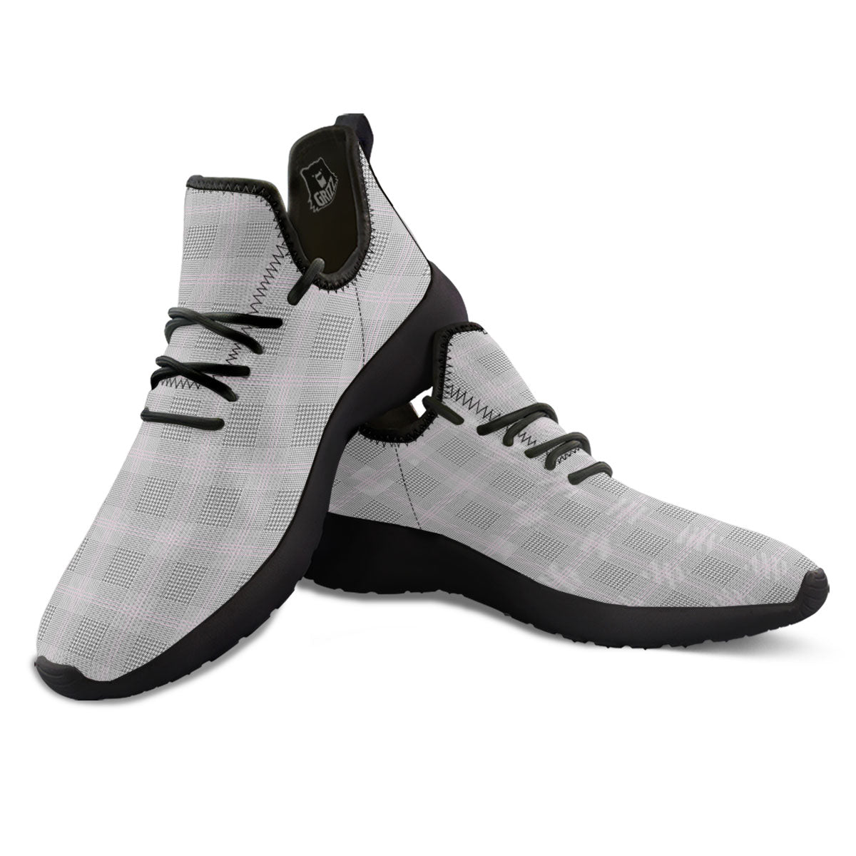 Grey Prince Of Wales Check Print Black Athletic Shoes-grizzshop