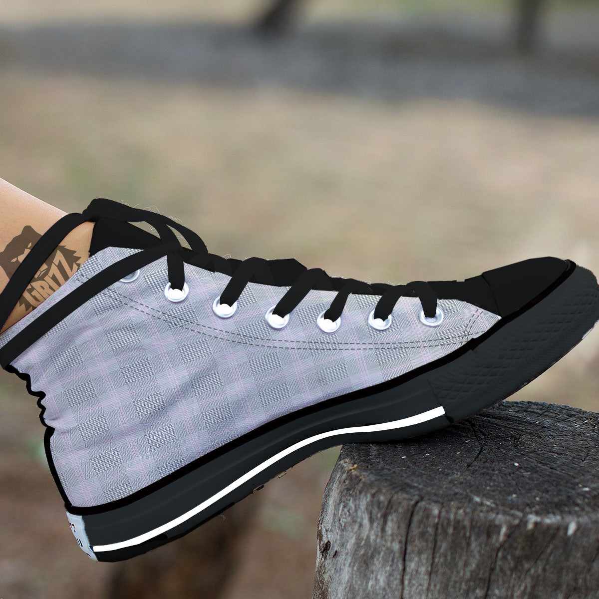 Grey Prince Of Wales Check Print Black High Top Shoes-grizzshop