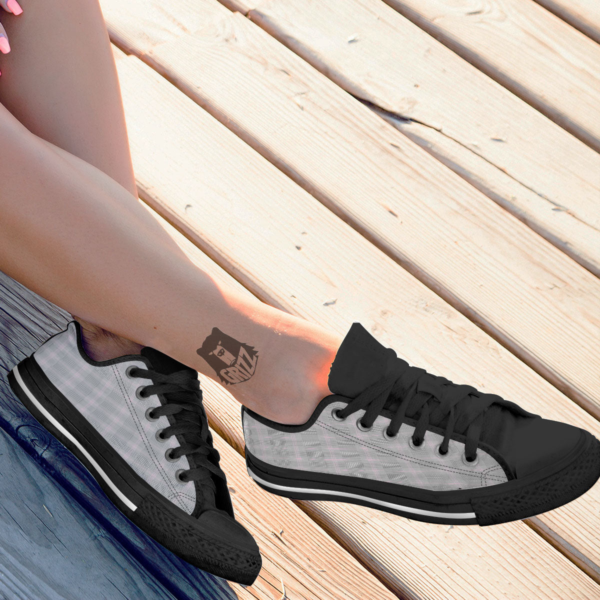 Grey Prince Of Wales Check Print Black Low Top Shoes-grizzshop