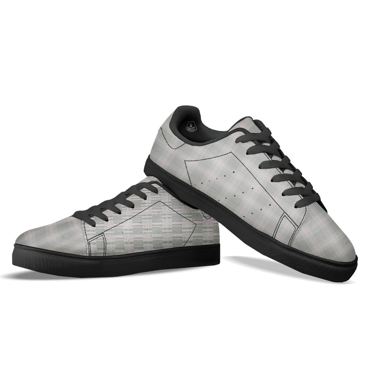 Grey Prince Of Wales Check Print Black Low Top Sneakers-grizzshop