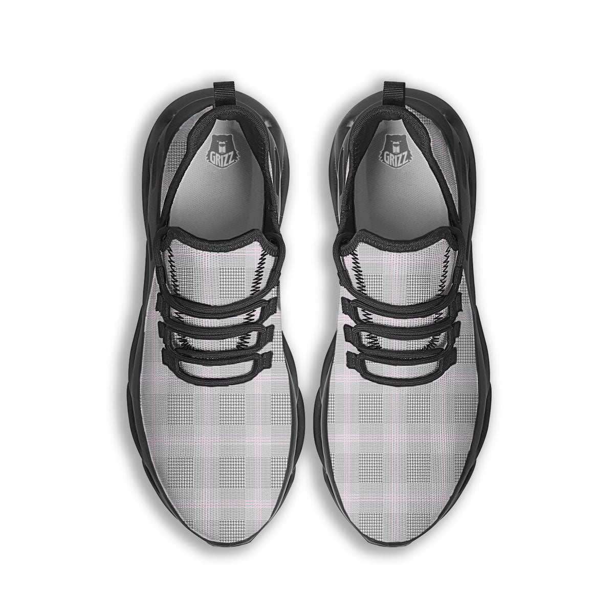 Grey Prince Of Wales Check Print Black Running Shoes-grizzshop