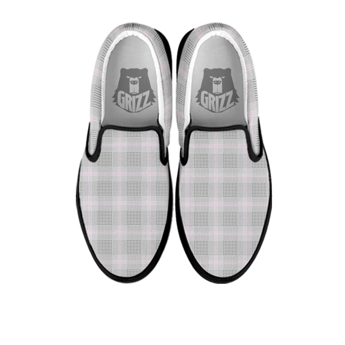 Grey Prince Of Wales Check Print Black Slip On Shoes-grizzshop