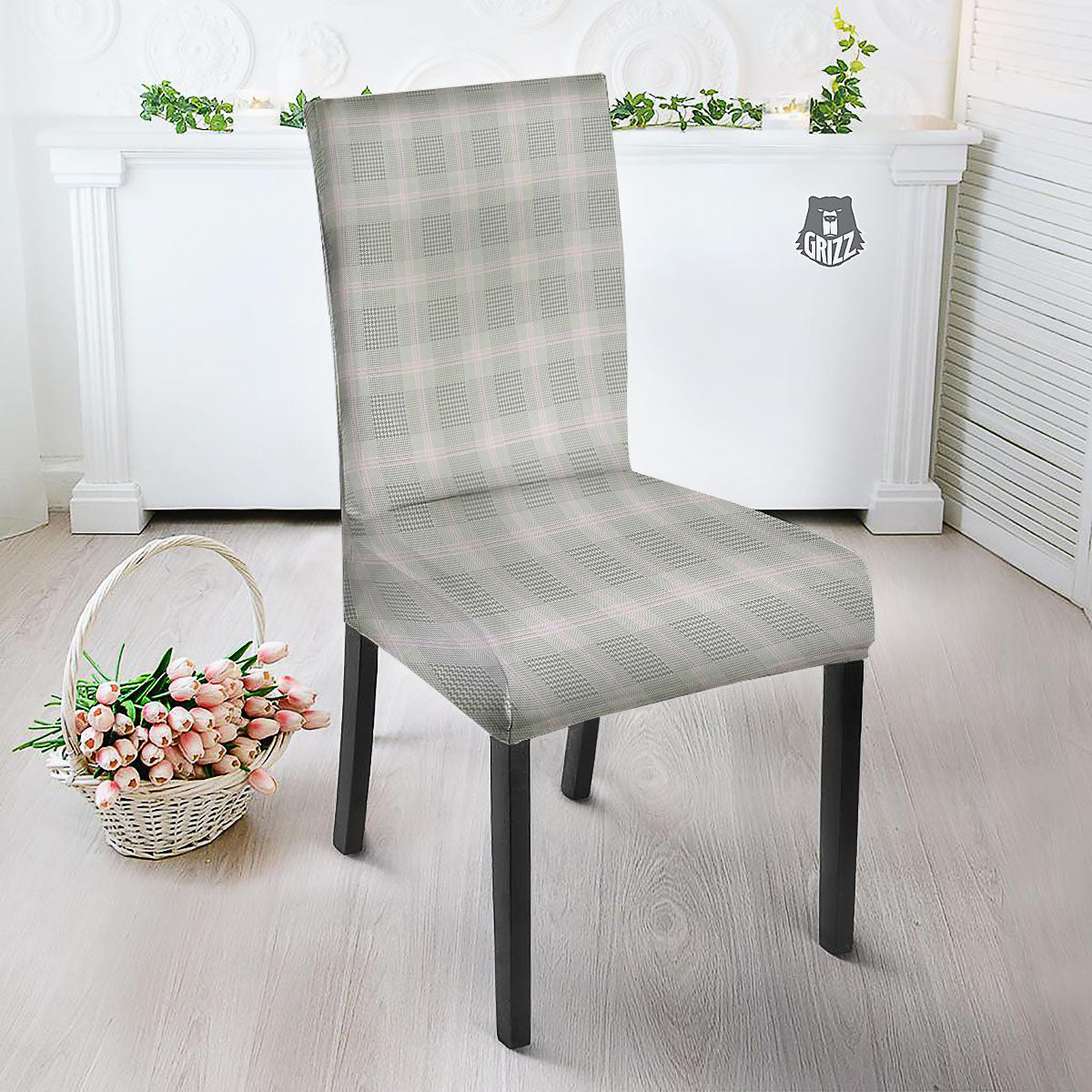 Grey Prince Of Wales Check Print Dining Chair Slipcover-grizzshop