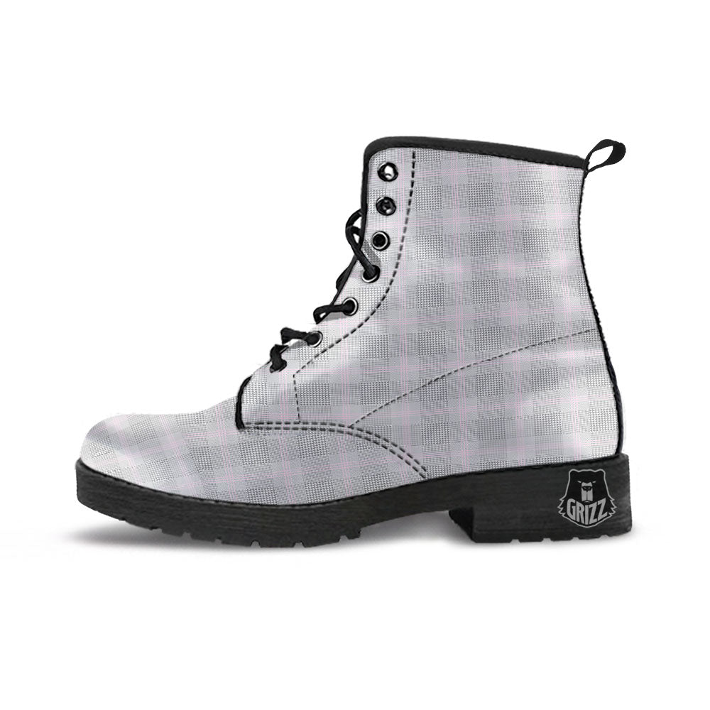 Grey Prince Of Wales Check Print Leather Boots-grizzshop