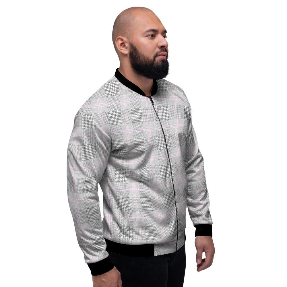 Grey Prince Of Wales Check Print Men's Bomber Jacket-grizzshop