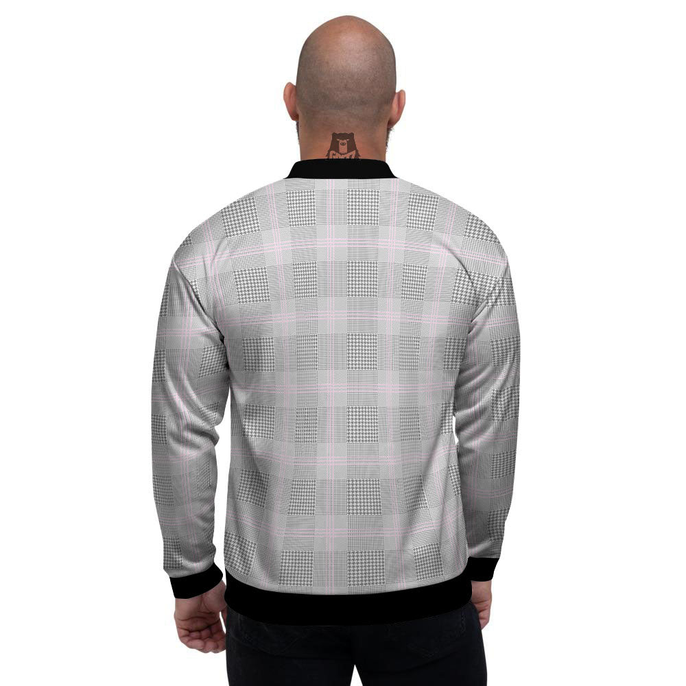 Grey Prince Of Wales Check Print Men's Bomber Jacket-grizzshop