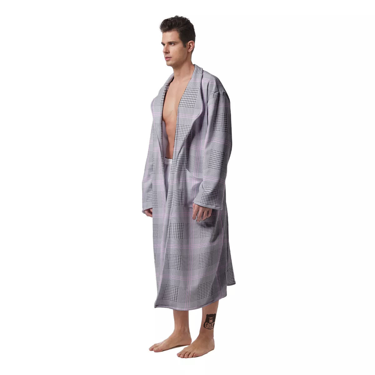 Grey Prince Of Wales Check Print Men's Robe-grizzshop