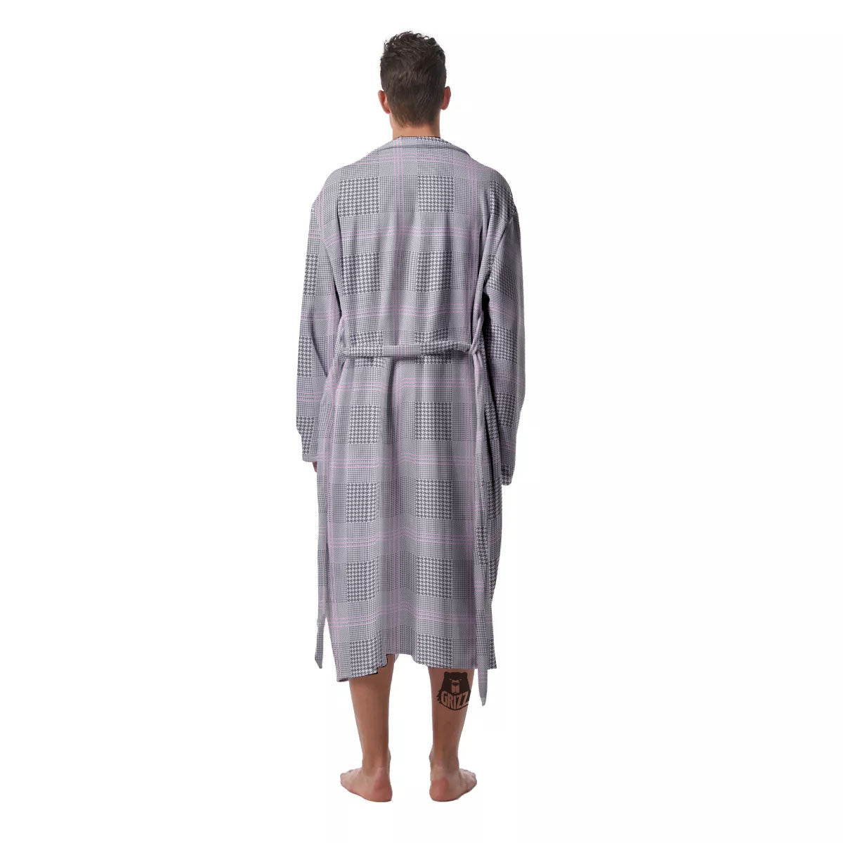 Grey Prince Of Wales Check Print Men's Robe-grizzshop