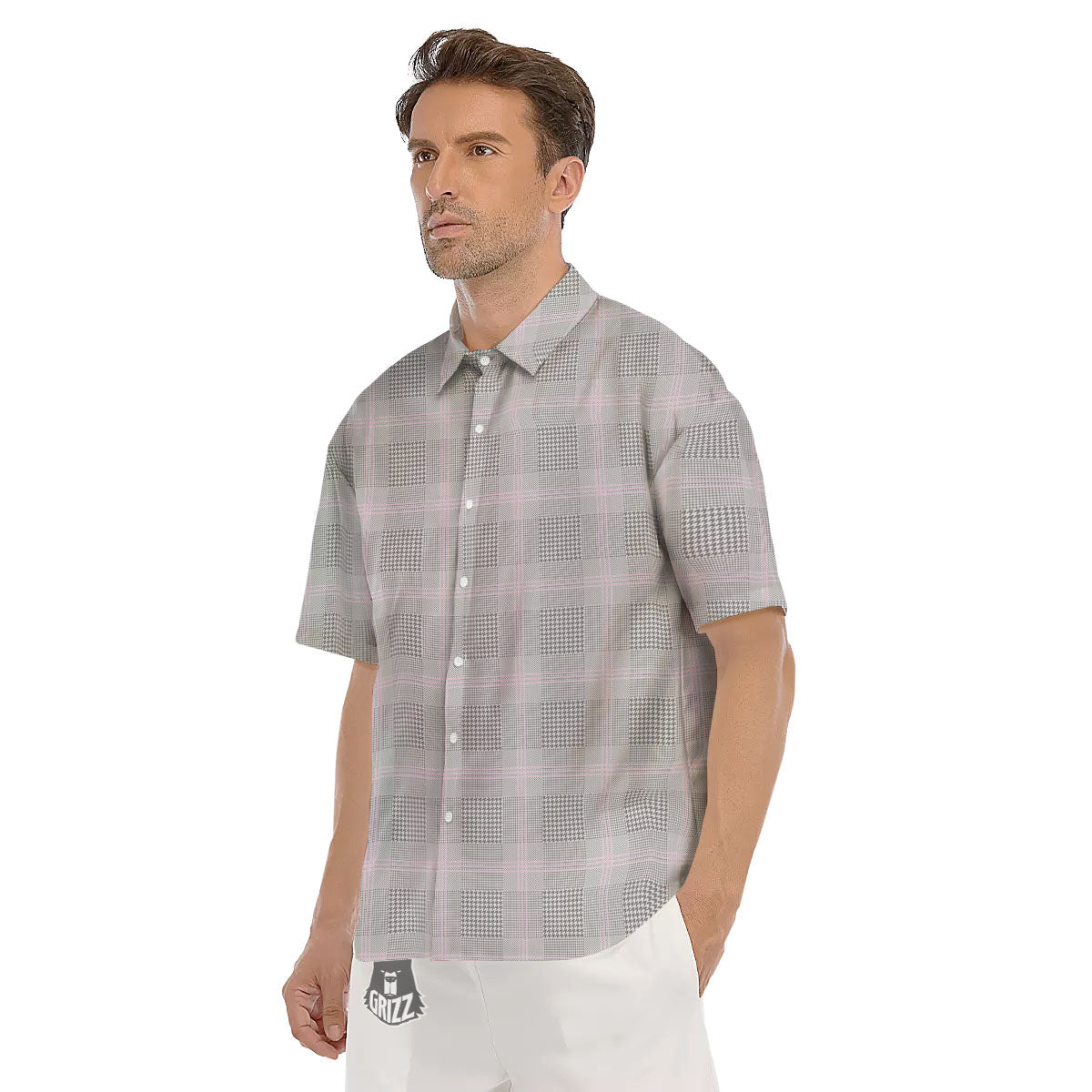 Grey Prince Of Wales Check Print Men's Short Sleeve Shirts-grizzshop