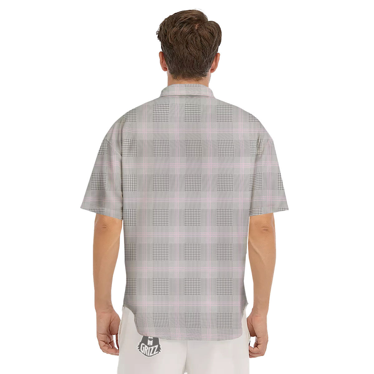 Grey Prince Of Wales Check Print Men's Short Sleeve Shirts-grizzshop