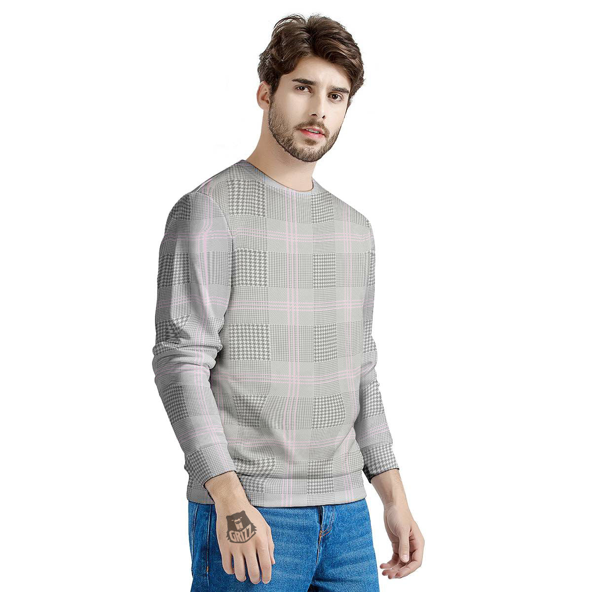 Grey Prince Of Wales Check Print Men's Sweatshirt-grizzshop