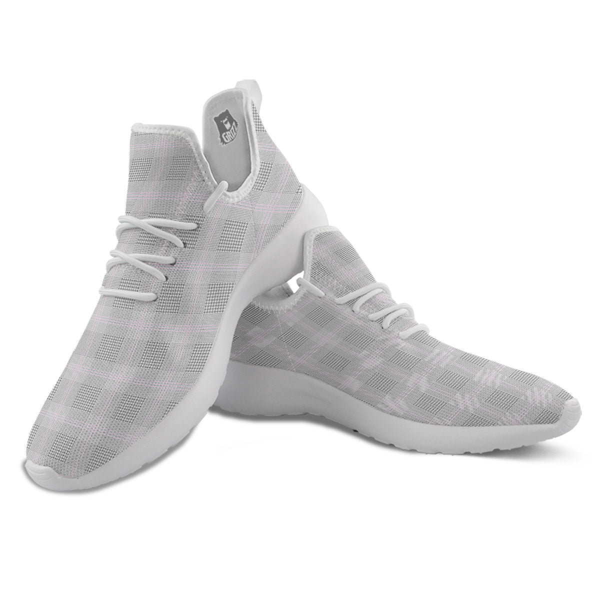 Grey Prince Of Wales Check Print White Athletic Shoes-grizzshop
