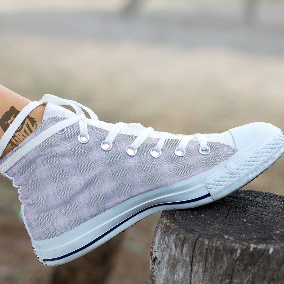 Grey Prince Of Wales Check Print White High Top Shoes-grizzshop