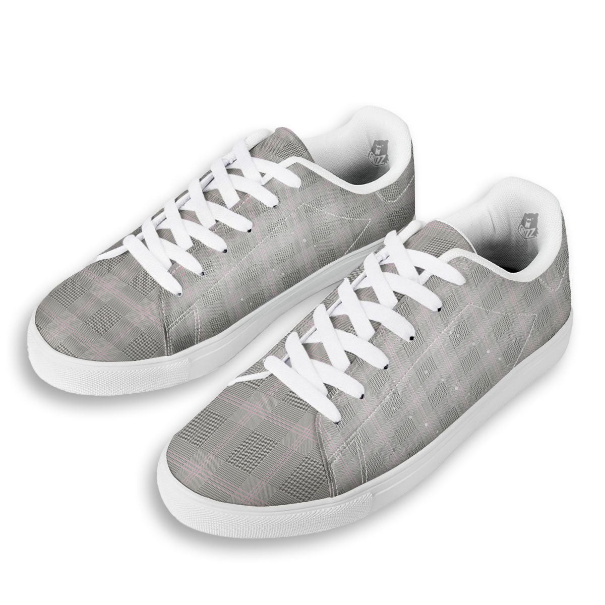 Grey Prince Of Wales Check Print White Low Top Sneakers-grizzshop